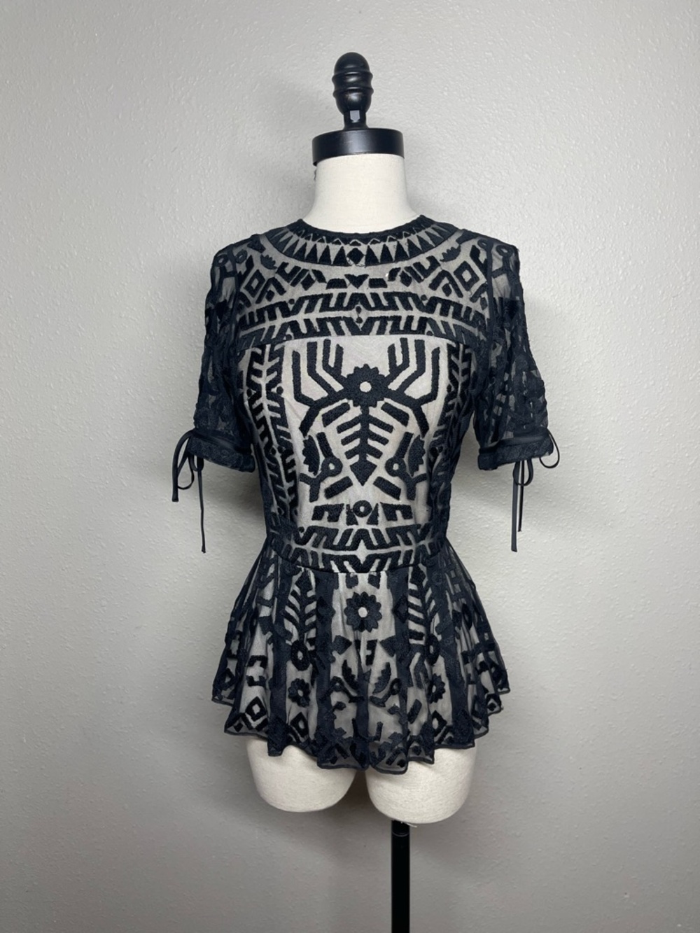 Parker Black Lace Peplum Top with Geometric Embroidery